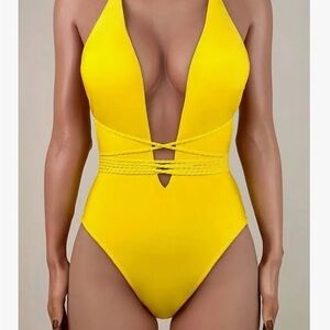 Fox Bikini One Piece/ Yellow, low back & plunge neckline